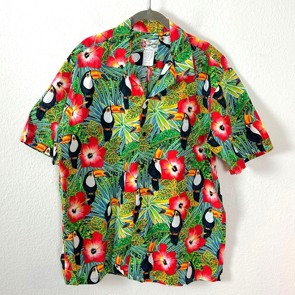 Vintage 90s Hilo Hattie Hawaiian Shirt Men’s XL Toucan Hibiscus Luau Party Beach
